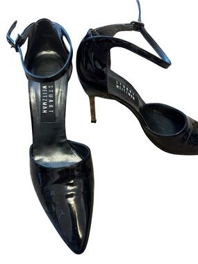 Stuart Weitzman Black Patent Leather Pointed Toe Ankle Strap Stilettos